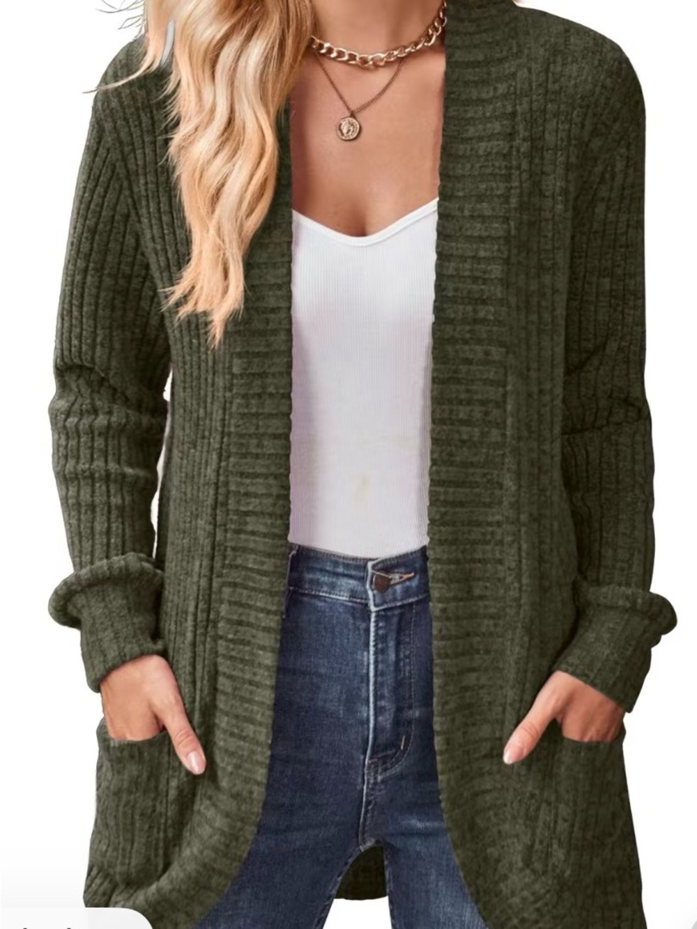 Olive Open-Front Ribbed Cardigan with Pockets - Women